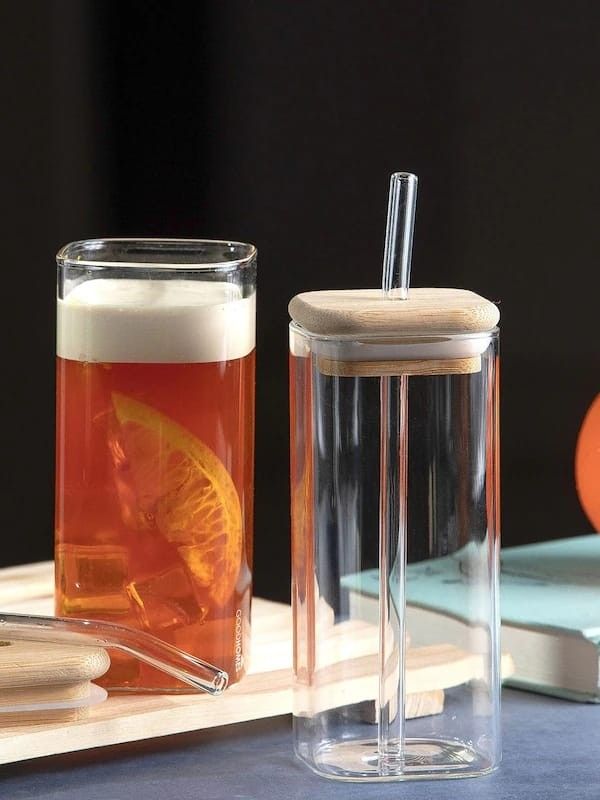 Square Mason Jar Mug 410 ml – Glass Cup with Wooden Lid & Straw | Reusable Hot & Cold Drink Tumbler |
