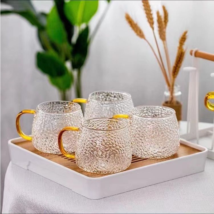 450 ml Golden Handle Glass Mug – 450ml Heat‑Resistant Borosilicate Glass Tea & Coffee Cup with Textured Diamond Design, Microwave & Dishwasher Safe ( set of 4)