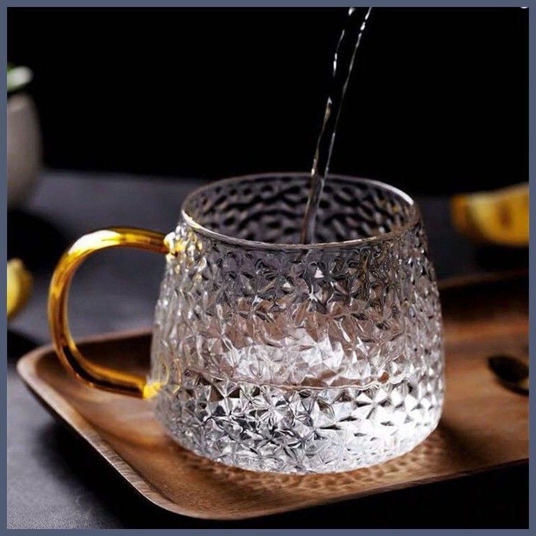 450 ml Golden Handle Glass Mug – 450ml Heat‑Resistant Borosilicate Glass Tea & Coffee Cup with Textured Diamond Design, Microwave & Dishwasher Safe ( set of 4)
