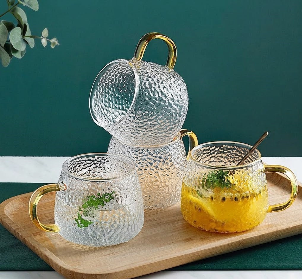 450 ml Golden Handle Glass Mug – 450ml Heat‑Resistant Borosilicate Glass Tea & Coffee Cup with Textured Diamond Design, Microwave & Dishwasher Safe ( set of 4)