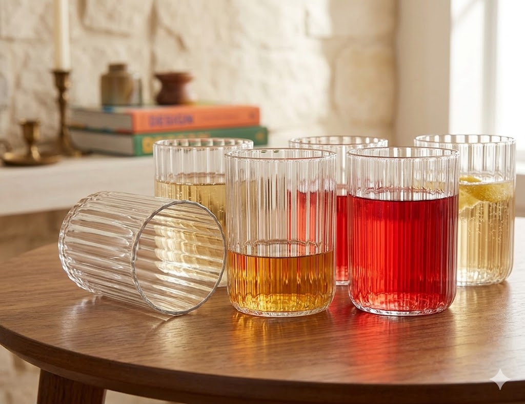 Premium Ribbed Glass Tumbler Set 390 ml | Transparent Drinking Glass for Juice, Water & Beverages | Stylish Kitchen & Dining Glass (Pack of 6)