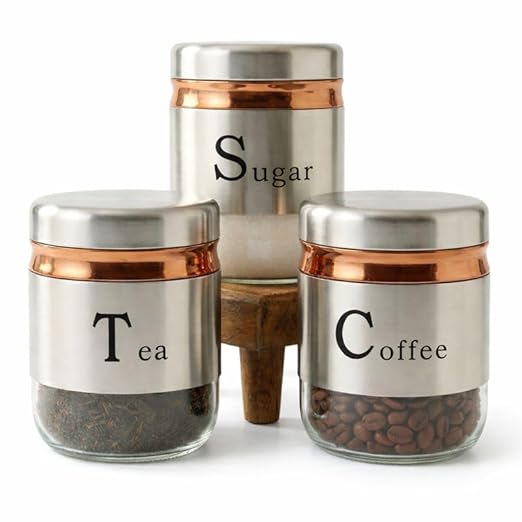 350ml Canister (Set of 3) | Premium Glass Jars with Stainless Steel Lids | Transparent Spices Masala Organizer | Airtight Kitchen Storage Containers for Tea, Coffee, Sugar