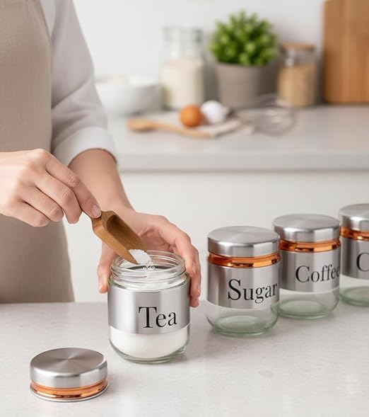 350ml Canister (Set of 3) | Premium Glass Jars with Stainless Steel Lids | Transparent Spices Masala Organizer | Airtight Kitchen Storage Containers for Tea, Coffee, Sugar