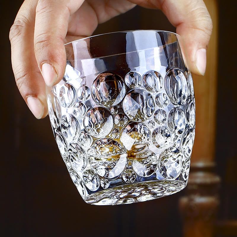 Premium Whiskey Glass Bubble 340ml Set of 6 Crystal Whisky Transparent Glassware with Beads Droplet Design Droplets Pattern for Scotch, Bourbon, Cocktails & Spirits Elegant, Durable Barware