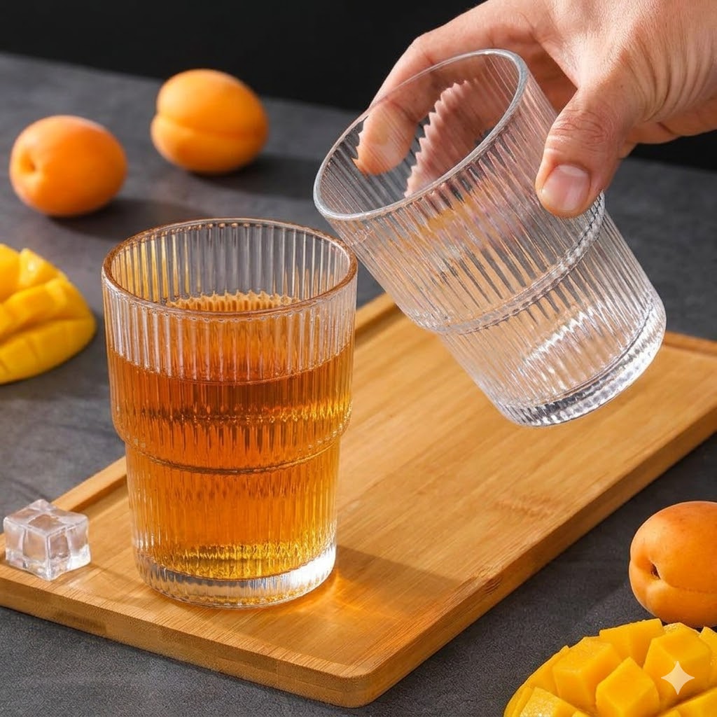 Premium Ribbed Glass Tumbler Set 320 ml | Stylish Drinking Glasses for Juice, Water & Cocktails (Pack of 6)
