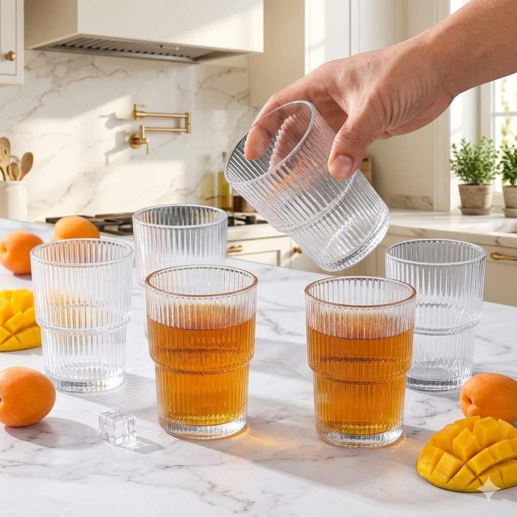 Premium Ribbed Glass Tumbler Set 320 ml | Stylish Drinking Glasses for Juice, Water & Cocktails (Pack of 6)
