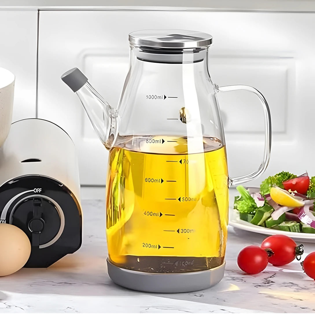 Glass Oil Dispenser Bottle 1000ml for Kitchen | Leakproof Olive Oil Bottle with Pourer | Borosilicate Glass, Measurement Scale, Drip Free Spout