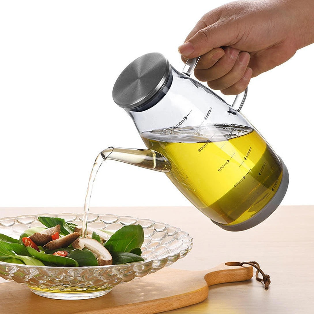 Glass Oil Dispenser Bottle 1000ml for Kitchen | Leakproof Olive Oil Bottle with Pourer | Borosilicate Glass, Measurement Scale, Drip Free Spout