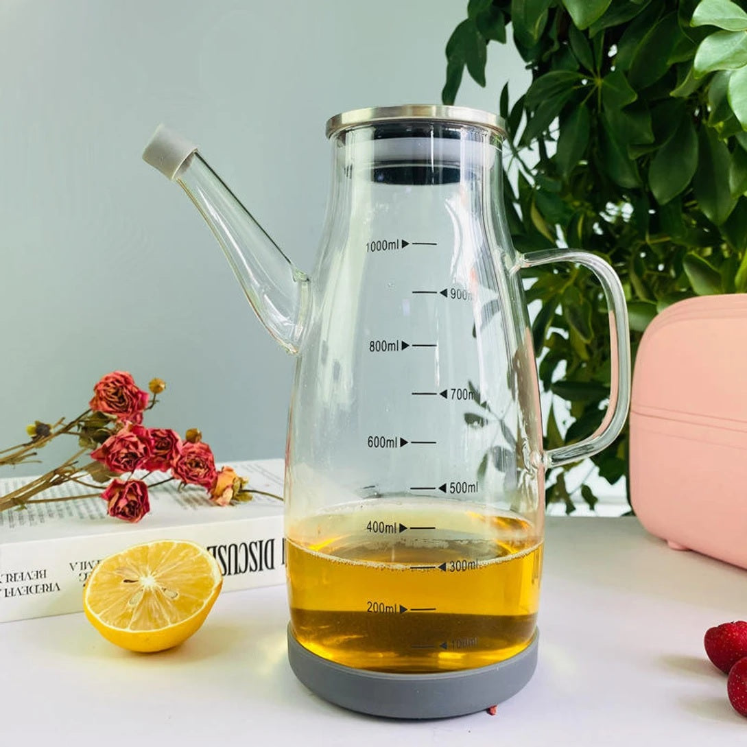 Glass Oil Dispenser Bottle 1000ml for Kitchen | Leakproof Olive Oil Bottle with Pourer | Borosilicate Glass, Measurement Scale, Drip Free Spout