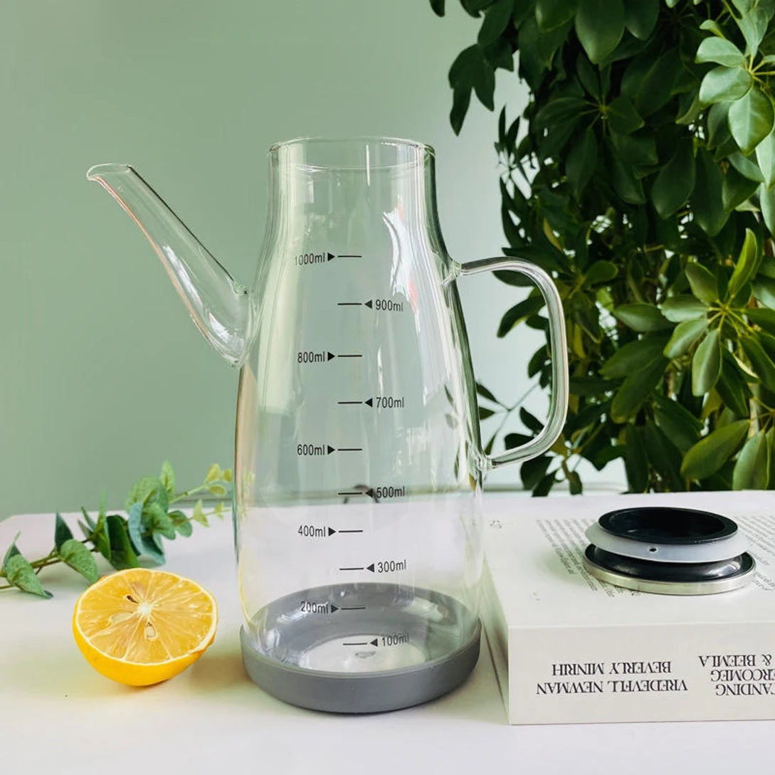 Glass Oil Dispenser Bottle 1000ml for Kitchen | Leakproof Olive Oil Bottle with Pourer | Borosilicate Glass, Measurement Scale, Drip Free Spout