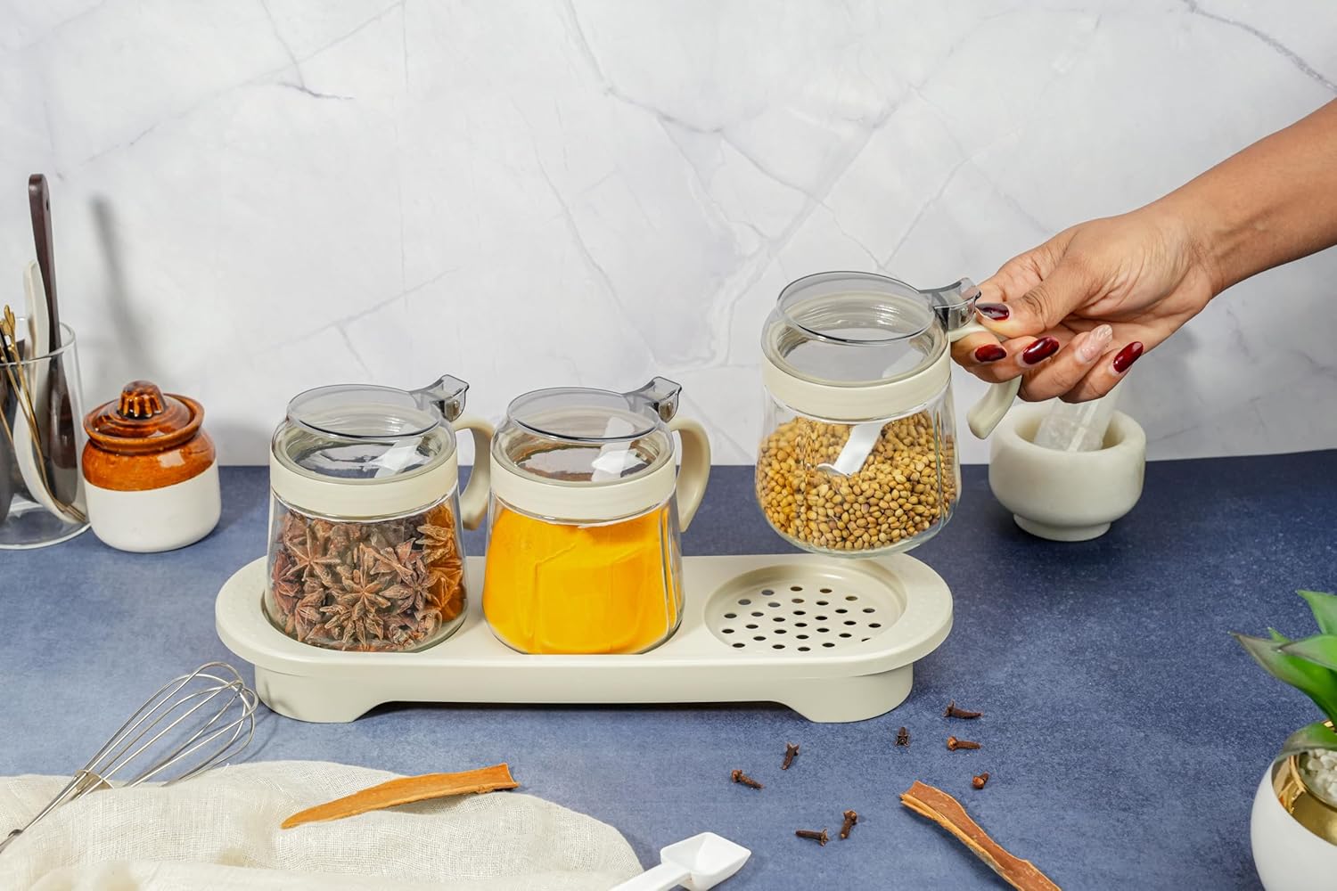 400ML Glass Pickle Jar with Tray Spoons| Kitchen Storage Container, Serving,Dryfruit Spices, Sauces, Chutney, Masala, Mukhwas, Achar Masala Box Condiment Set Transparent( Pake of 03)