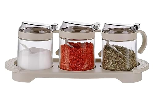 400ML Glass Pickle Jar with Tray Spoons| Kitchen Storage Container, Serving,Dryfruit Spices, Sauces, Chutney, Masala, Mukhwas, Achar Masala Box Condiment Set Transparent( Pake of 03)