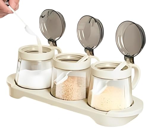 400ML Glass Pickle Jar with Tray Spoons| Kitchen Storage Container, Serving,Dryfruit Spices, Sauces, Chutney, Masala, Mukhwas, Achar Masala Box Condiment Set Transparent( Pake of 03)