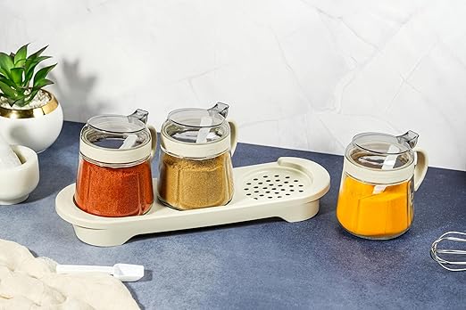 400ML Glass Pickle Jar with Tray Spoons| Kitchen Storage Container, Serving,Dryfruit Spices, Sauces, Chutney, Masala, Mukhwas, Achar Masala Box Condiment Set Transparent( Pake of 03)