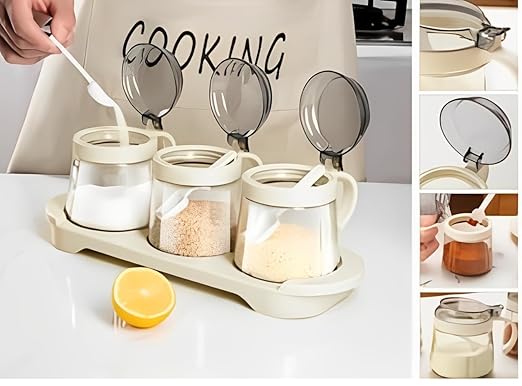 400ML Glass Pickle Jar with Tray Spoons| Kitchen Storage Container, Serving,Dryfruit Spices, Sauces, Chutney, Masala, Mukhwas, Achar Masala Box Condiment Set Transparent( Pake of 03)