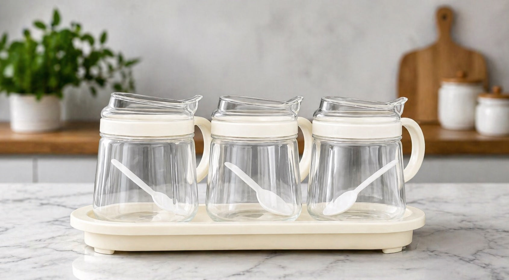 400ML Glass Pickle Jar with Tray Spoons| Kitchen Storage Container, Serving,Dryfruit Spices, Sauces, Chutney, Masala, Mukhwas, Achar Masala Box Condiment Set Transparent( Pake of 03)