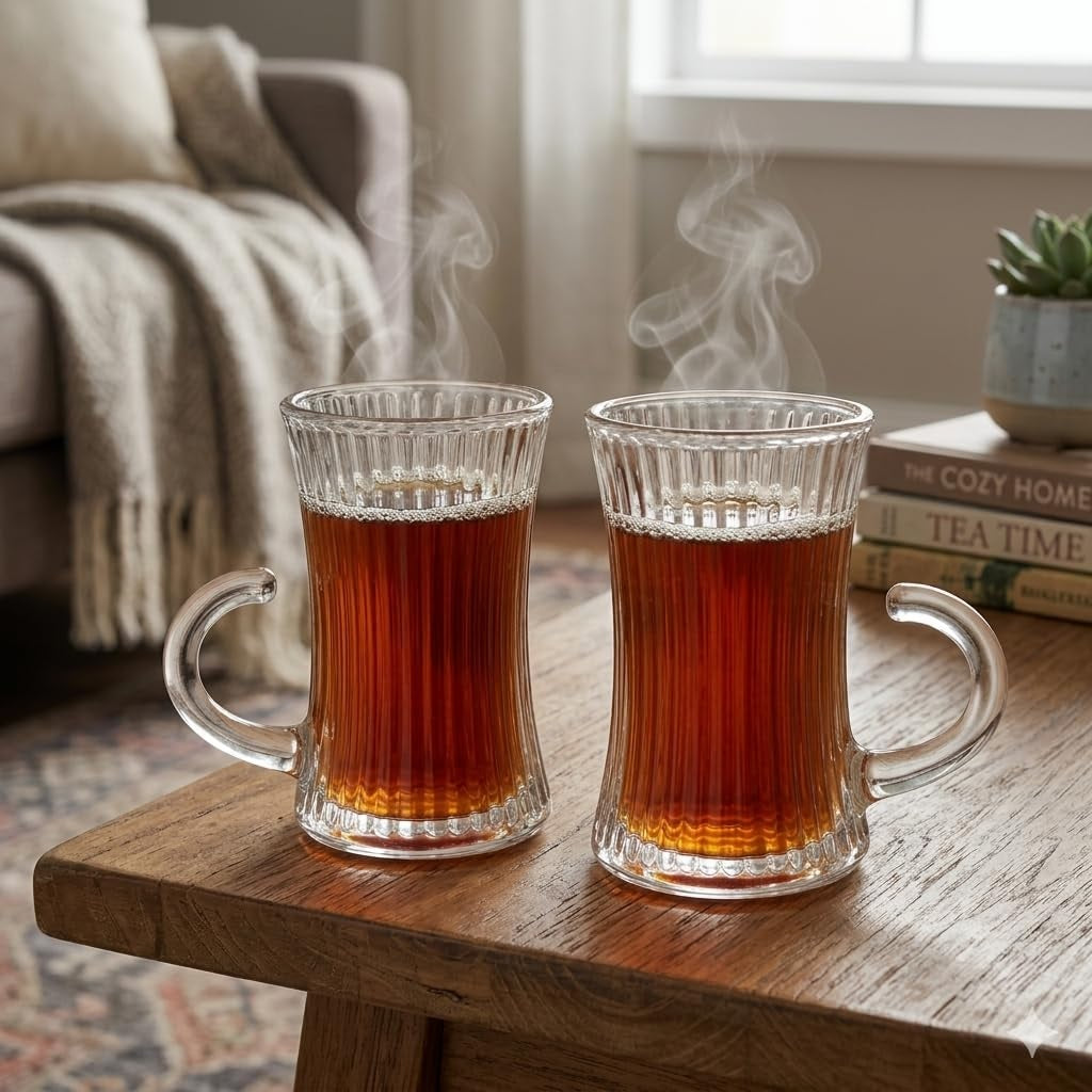 Lining Glass Tea Cup Set 100ML (Pack of 12) with Handle | Transparent Ribbed Design Small Tea Cups for Coffee, Green Tea & Espresso