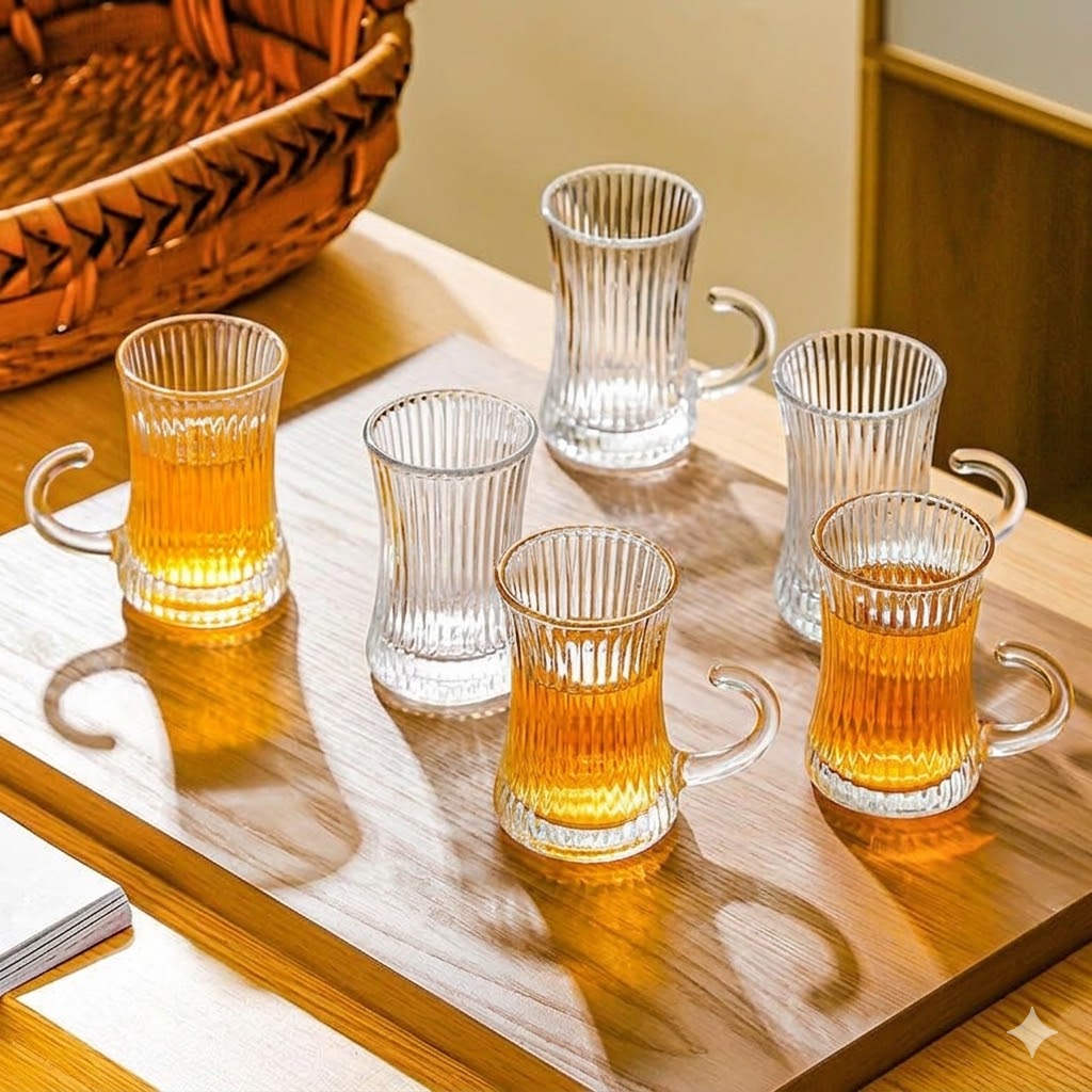 Lining Glass Tea Cup Set 100ML (Pack of 12) with Handle | Transparent Ribbed Design Small Tea Cups for Coffee, Green Tea & Espresso