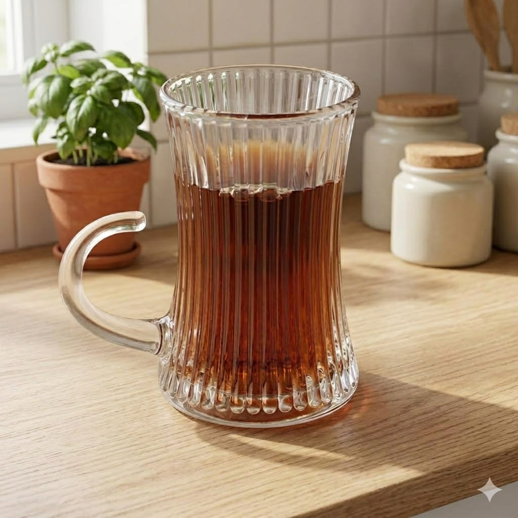 Lining Glass Tea Cup Set 100ML (Pack of 12) with Handle | Transparent Ribbed Design Small Tea Cups for Coffee, Green Tea & Espresso