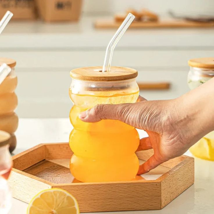 Reusable Glass Tumbler with Wooden Lid & Straw (Pack of 3) 500ml Multipurpose Drinking Glasses Coffee Sipper Mugs for Juice Smoothies Iced Tea Indoor & Outdoor Cup (Curve)