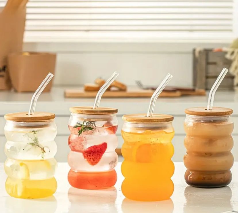 Reusable Glass Tumbler with Wooden Lid & Straw (Pack of 3) 500ml Multipurpose Drinking Glasses Coffee Sipper Mugs for Juice Smoothies Iced Tea Indoor & Outdoor Cup (Curve)