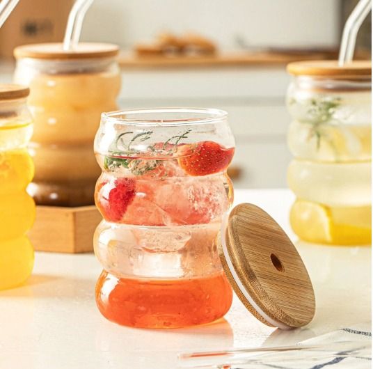 Reusable Glass Tumbler with Wooden Lid & Straw (Pack of 3) 500ml Multipurpose Drinking Glasses Coffee Sipper Mugs for Juice Smoothies Iced Tea Indoor & Outdoor Cup (Curve)