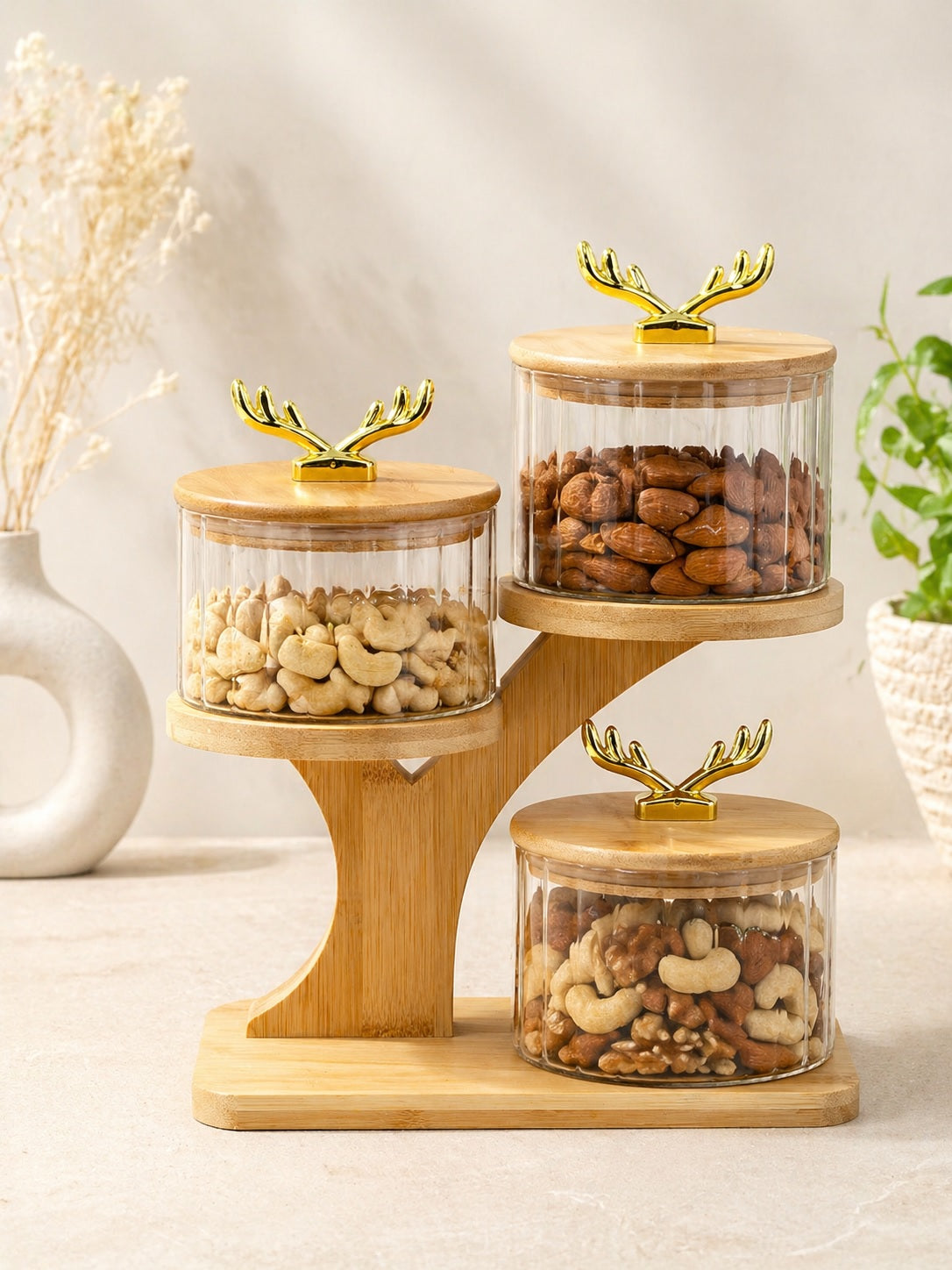 3-Tier Glass Storage Jars (500 ml Each) with Bamboo Stand & Lid – Airtight Snack Organizer with Gold Handle