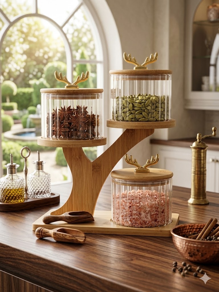 3-Tier Glass Storage Jars (500 ml Each) with Bamboo Stand & Lid – Airtight Snack Organizer with Gold Handle