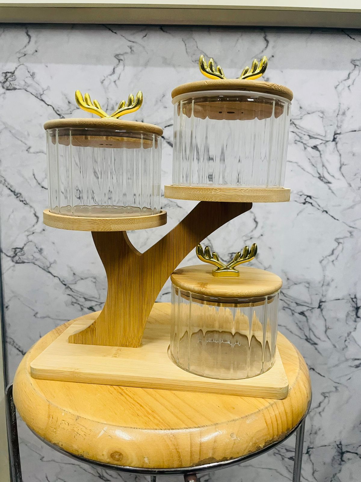 3-Tier Glass Storage Jars (500 ml Each) with Bamboo Stand & Lid – Airtight Snack Organizer with Gold Handle