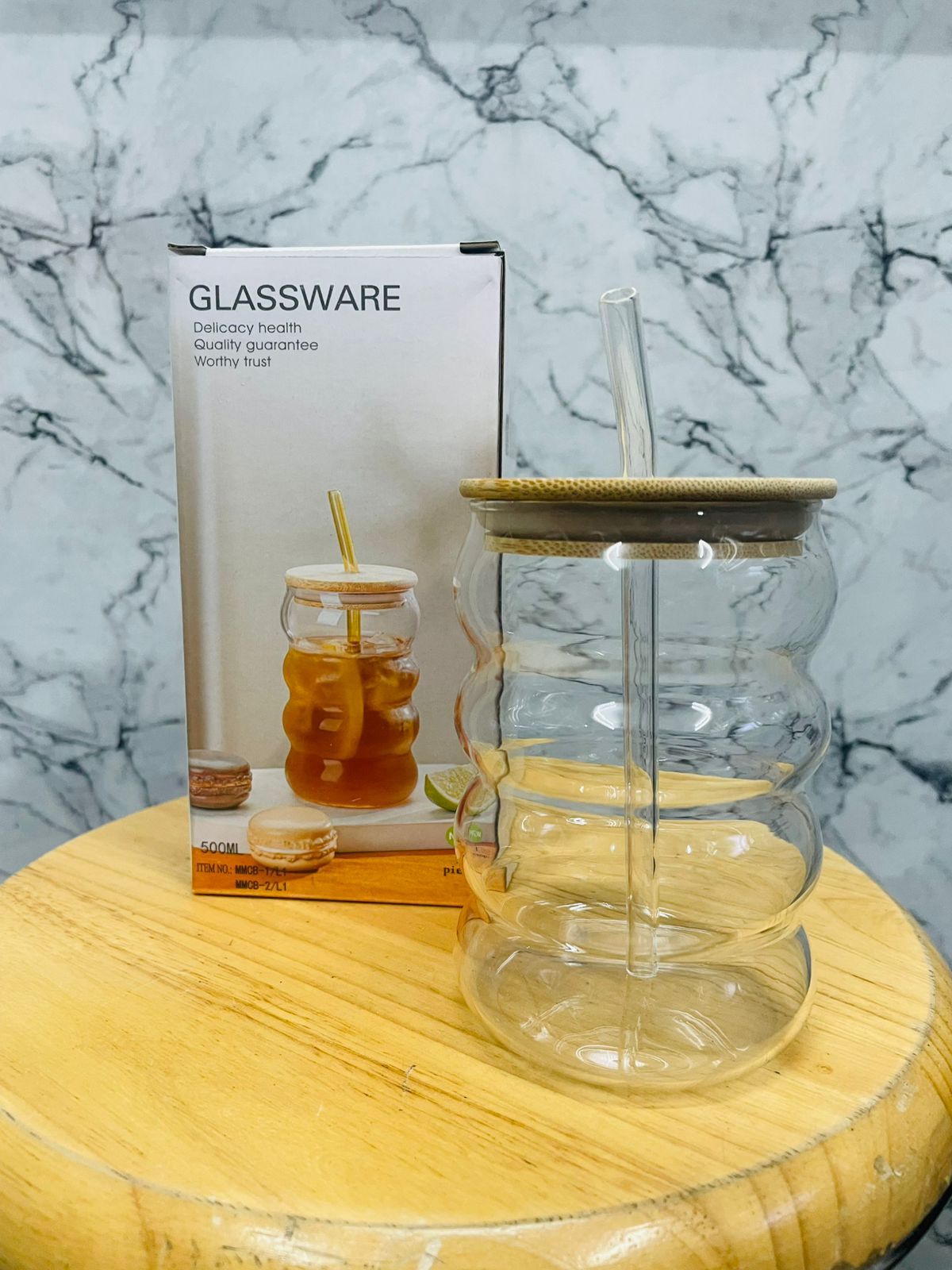 Reusable Glass Tumbler with Wooden Lid & Straw (Pack of 3) 500ml Multipurpose Drinking Glasses Coffee Sipper Mugs for Juice Smoothies Iced Tea Indoor & Outdoor Cup (Curve)
