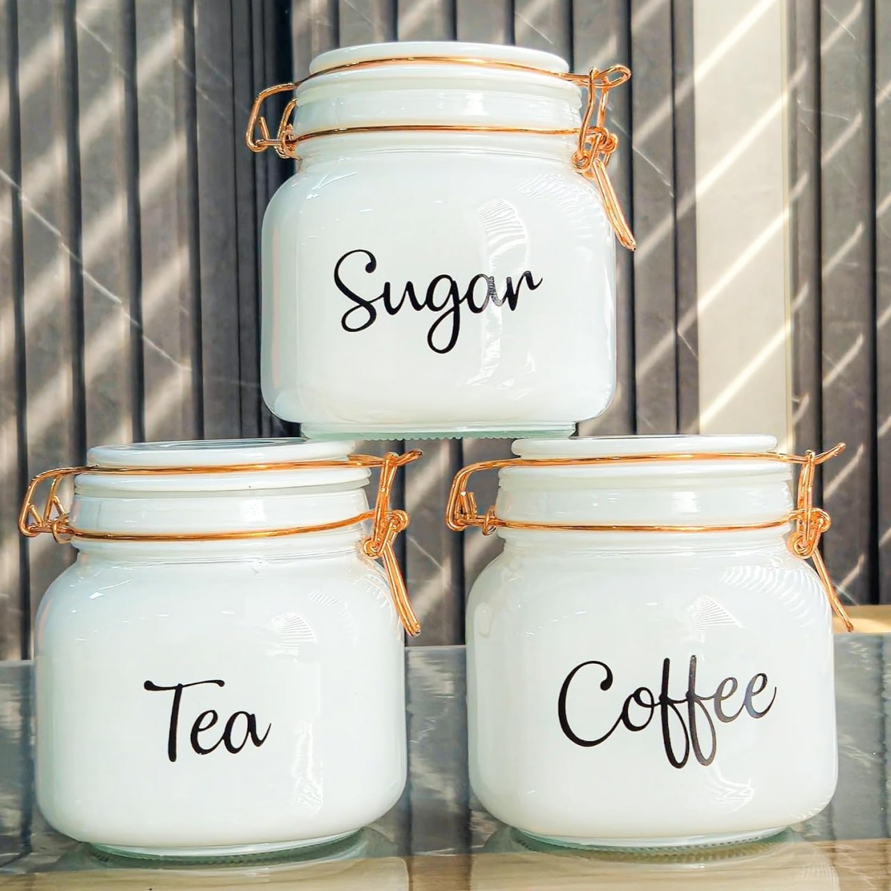 Pack of 3 Swing Cap Storage Jar Set 860ml Jar Airtight Kitchen Canister Set with Lock Lid Tea Coffee Sugar Container Proof Food Storage Jars for Kitchen (SWING CAP SQUARE-GOLD RING)