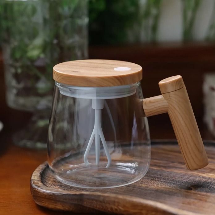 Wooden Handle Mug Shaker | Automatic Electric Mixing Coffee Cup | Food-Grade Borosilicate Glass | Stir Hot & Cold Beverages Easily | Portable Electric Stirring Mug for Latte, Coffee, Tea & Drinks