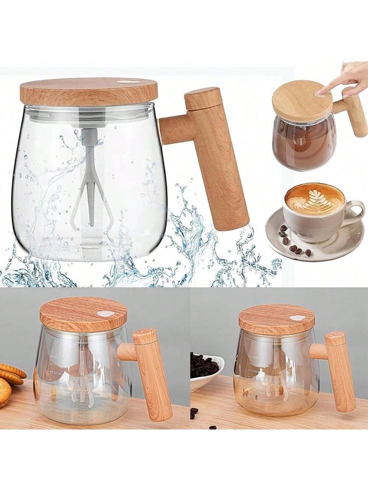 Wooden Handle Mug Shaker | Automatic Electric Mixing Coffee Cup | Food-Grade Borosilicate Glass | Stir Hot & Cold Beverages Easily | Portable Electric Stirring Mug for Latte, Coffee, Tea & Drinks