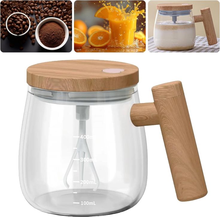 Wooden Handle Mug Shaker | Automatic Electric Mixing Coffee Cup | Food-Grade Borosilicate Glass | Stir Hot & Cold Beverages Easily | Portable Electric Stirring Mug for Latte, Coffee, Tea & Drinks