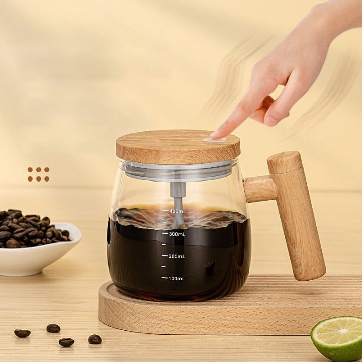 Wooden Handle Mug Shaker | Automatic Electric Mixing Coffee Cup | Food-Grade Borosilicate Glass | Stir Hot & Cold Beverages Easily | Portable Electric Stirring Mug for Latte, Coffee, Tea & Drinks
