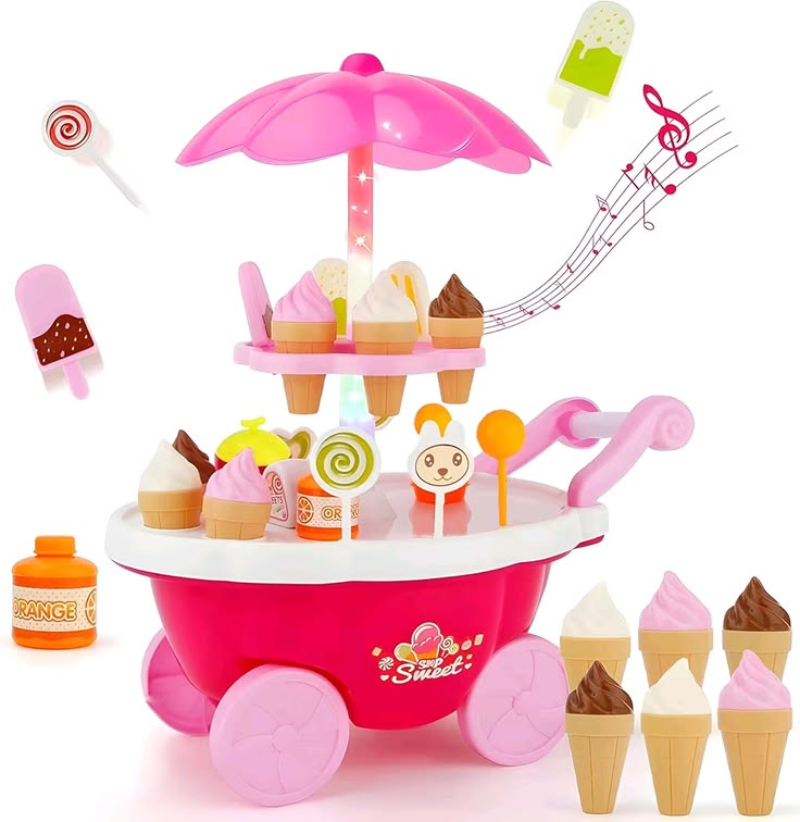 Ice Cream Toy Cart Play Set for Kids - 39-Piece Pretend Play Food - Educational Ice-Cream Trolley Truck Great Gift for Girls and Boys Ages 3 - 12 Years Old(Without Music & Lighting)