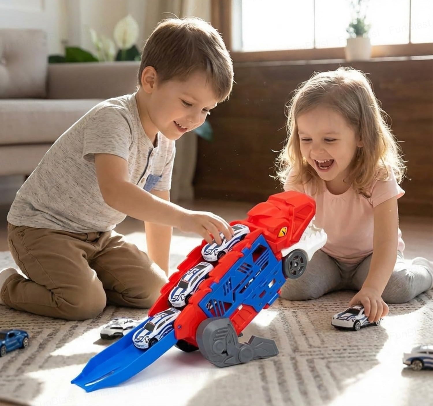 Dinosaur Parking Lot Playset for Kids – 2-in-1 Dino Garage with Launcher, Storage Compartment & 1:64 Alloy Mini Racing Cars, Transforming Dinosaur Car Toy for 3+ Years Boys & Girls