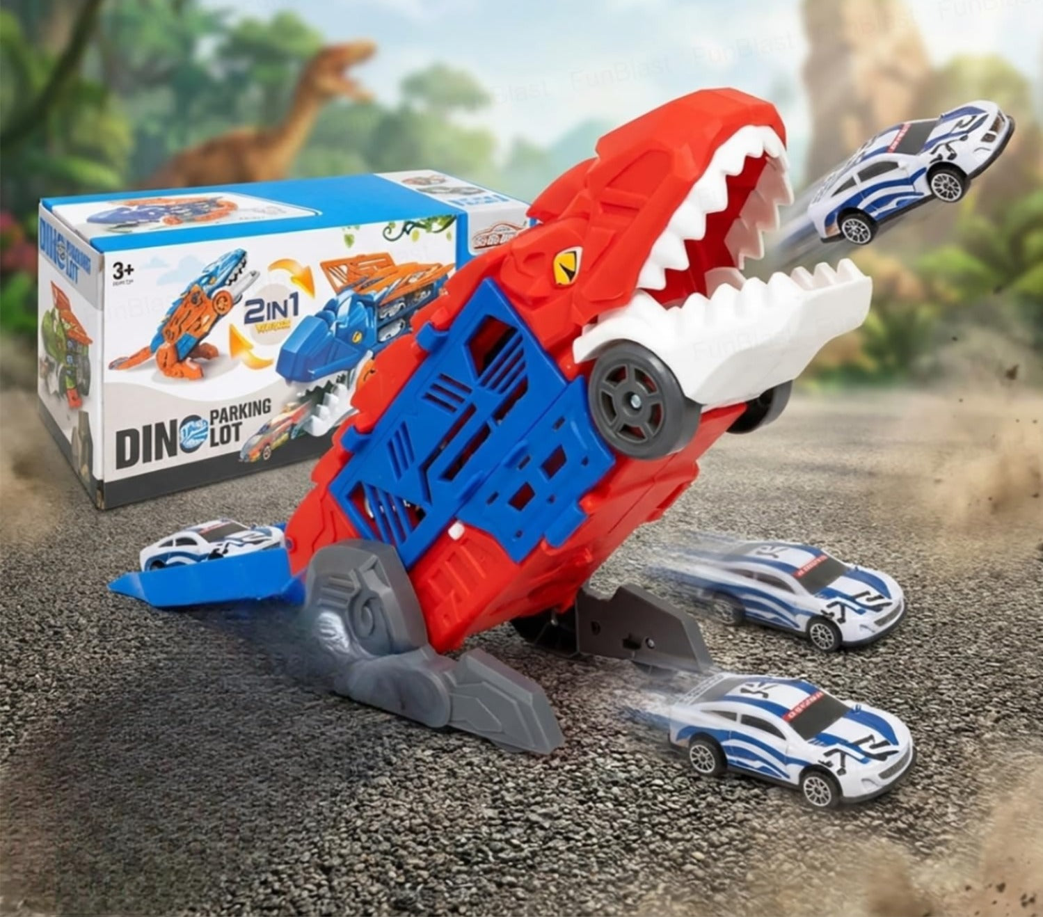 Dinosaur Parking Lot Playset for Kids – 2-in-1 Dino Garage with Launcher, Storage Compartment & 1:64 Alloy Mini Racing Cars, Transforming Dinosaur Car Toy for 3+ Years Boys & Girls