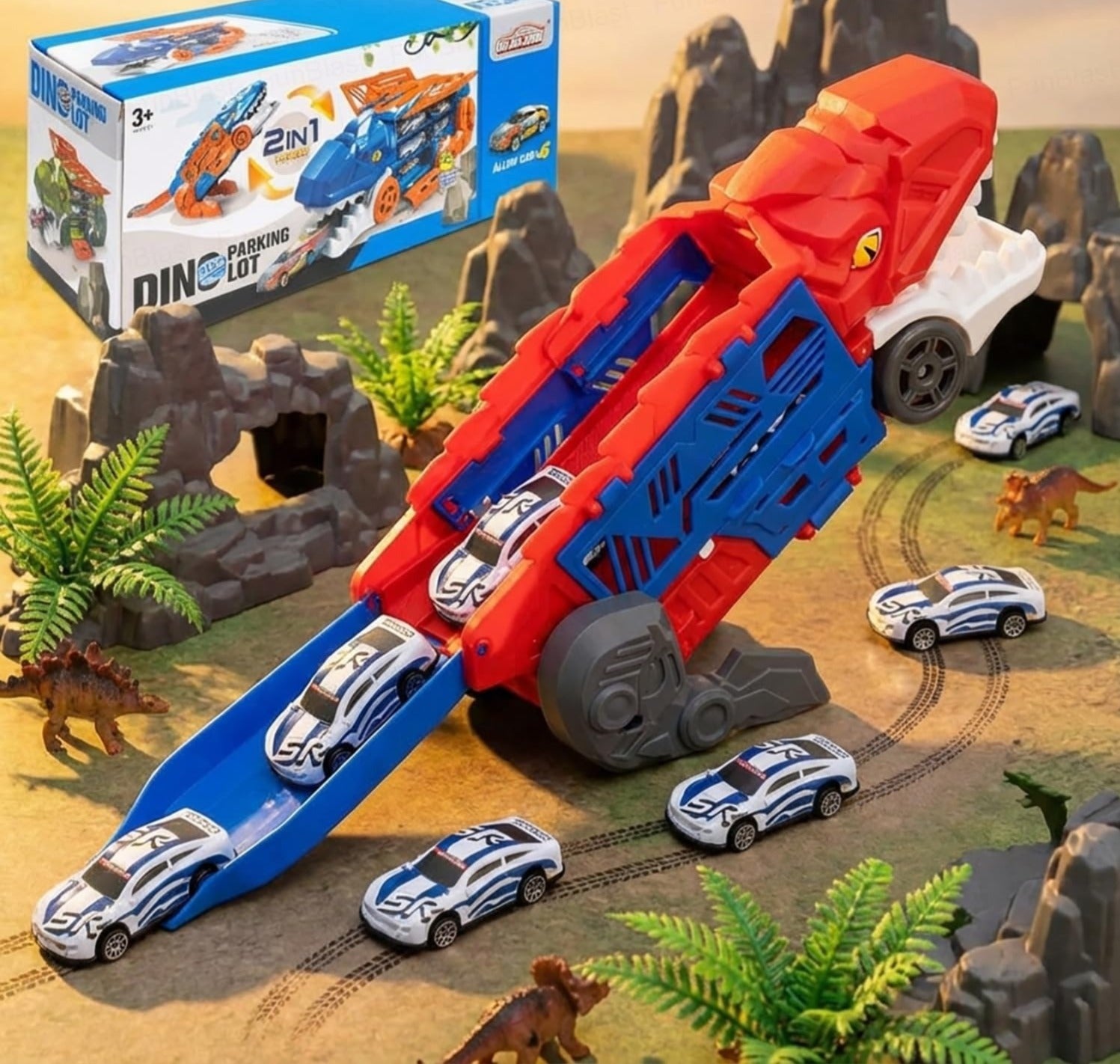 Dinosaur Parking Lot Playset for Kids – 2-in-1 Dino Garage with Launcher, Storage Compartment & 1:64 Alloy Mini Racing Cars, Transforming Dinosaur Car Toy for 3+ Years Boys & Girls