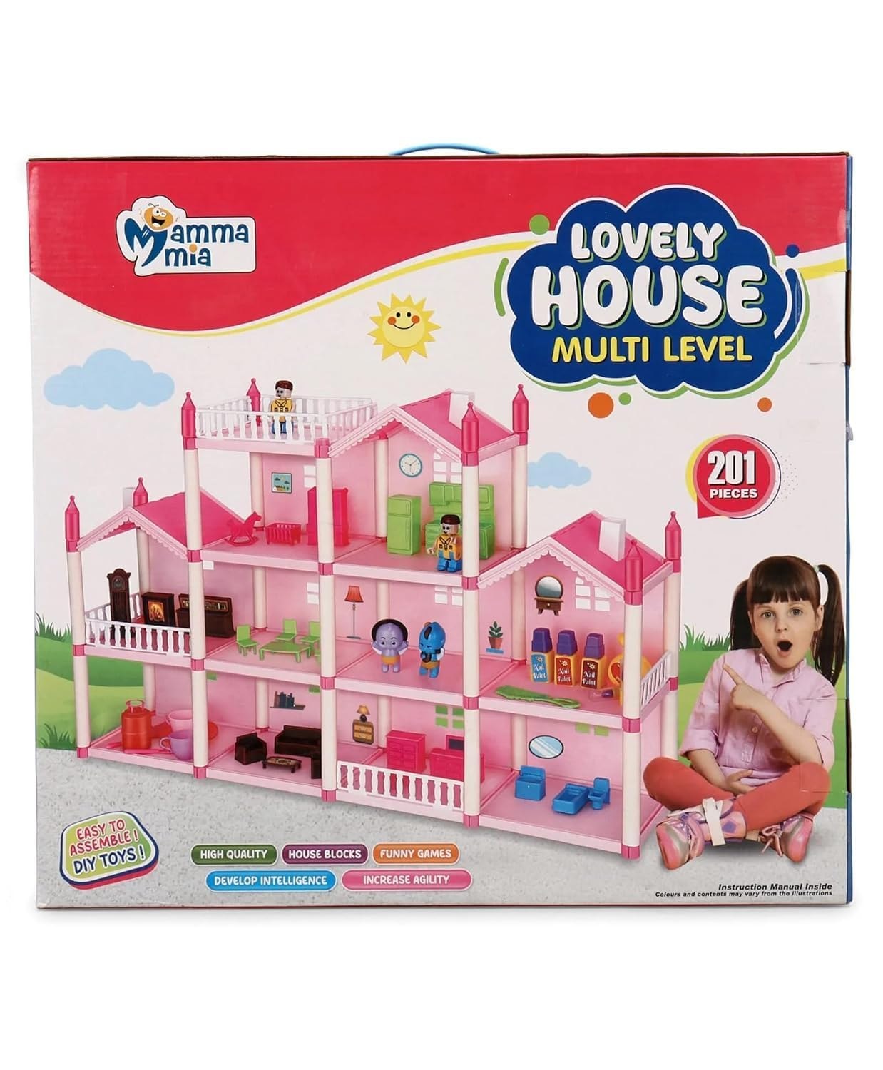 Lovely House Multi Level Doll House Toy | 201 Pieces DIY Dream Home Playset with Furniture & Figures | Easy Assemble Dollhouse for Kids Girls Age 3+
